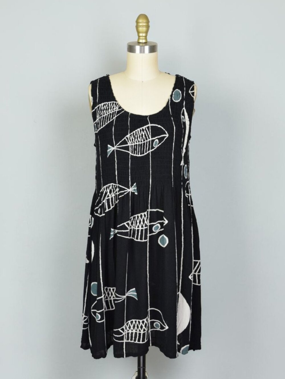 KLOZLYNE FISH PRINT BLACK SLEEVELESS SUMMER DRESS